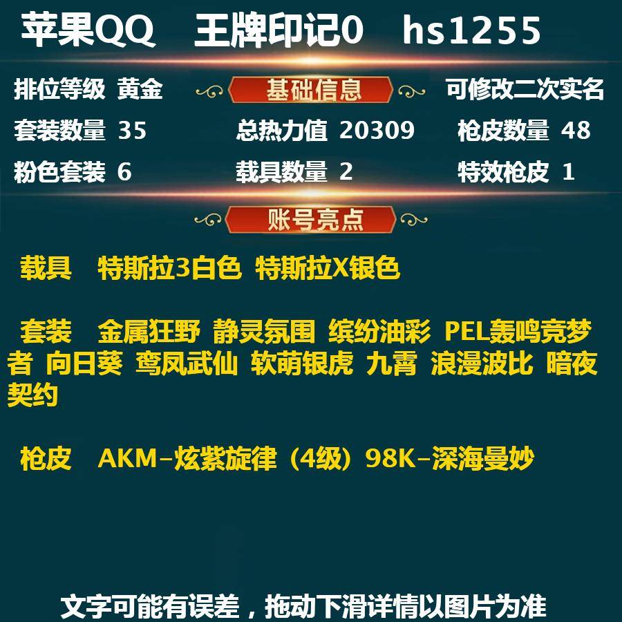 和平精英账号苹果QQPX_1007945--(可二次实名) 苹果Q-英勇黄金Ⅰ-20309热力值 35套装 48枪皮 【2载具】 特斯拉3白色 特斯拉X银色 【6粉装】 金属狂野 静灵氛围 缤纷油彩 PEL轰鸣