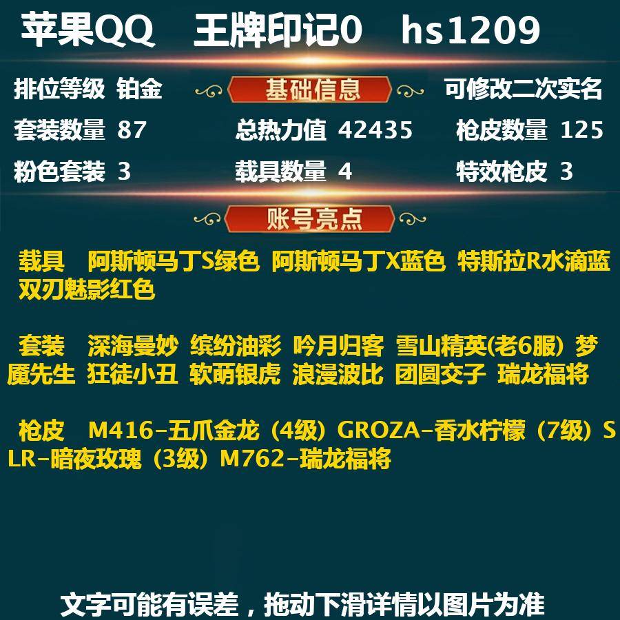 和平精英账号苹果QQPX_1007953--(可二次实名) 苹果Q-苹果q  3粉  3枪  4车  猪妹  GROZA-香水柠檬 7级  特斯拉水滴蓝 坚韧铂金Ⅴ-42435热力值 87套装 125枪皮 【4